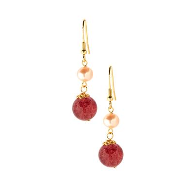 Strawberry Quartz Earrings with Kaori Freshwater Cultured Pearl in Gold Tone Sterling Silver