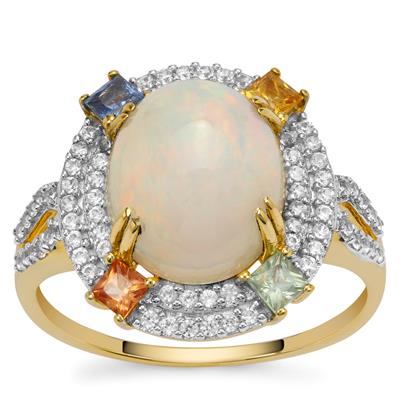 Ethiopian Opal, Multi-Colour Sapphire Ring with White Zircon in 14K Gold 4.05cts