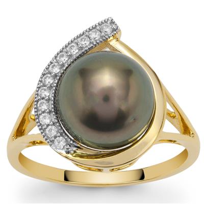 Tahitian Cultured Pearl Ring with White Zircon in 9K Gold (10mm)