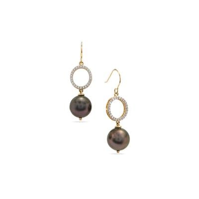 Tahitian Cultured Pearl Earrings with White Zircon in 9K Gold (11 MM)