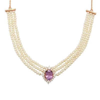 Pink Amethyst, Freshwater Cultured Pearl & White Zircon Necklace in Rose Gold Plated Sterling Silver (3mm)