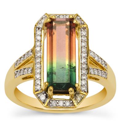 Watermelon Tourmaline Ring with Diamond in 18K Gold 3.70cts