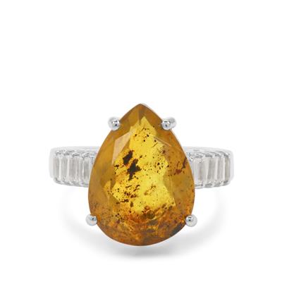 Caribbean Amber Ring with White Zircon in Sterling Silver 4.25cts