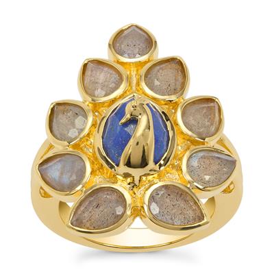 Sar-i-Sang Lapis Lazuli Ring with Pink Flash Labradorite in Gold Plated Sterling Silver 5.80cts