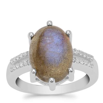 Labradorite Ring with White Zircon in Sterling Silver 6.55cts