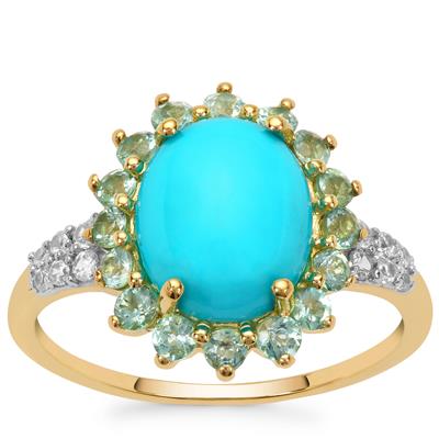 Sleeping Beauty Turquoise, Blue Green Tourmaline Ring with White Zircon in 9K Gold 2.70cts