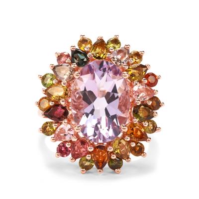Rose De France Amethyst Ring with Rainbow Tourmaline in Rose Gold Vermeil 7.84cts