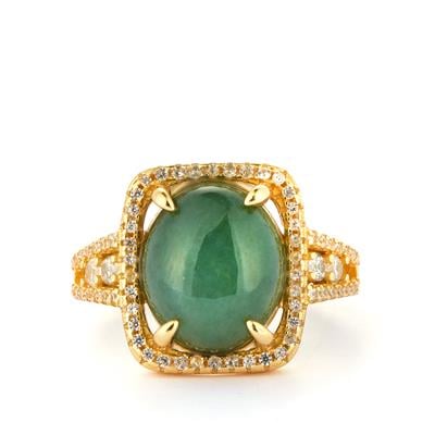 Type A Oil Green Jadeite Ring with White Zircon in Gold  Tone Sterling Silver 5.13cts