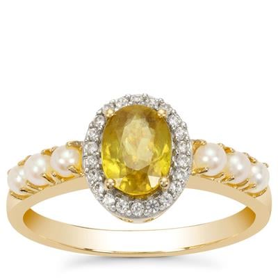 Ambilobe Sphene, Akoya Cultured Pearl Ring with White Zircon in 9K Gold (2 MM)