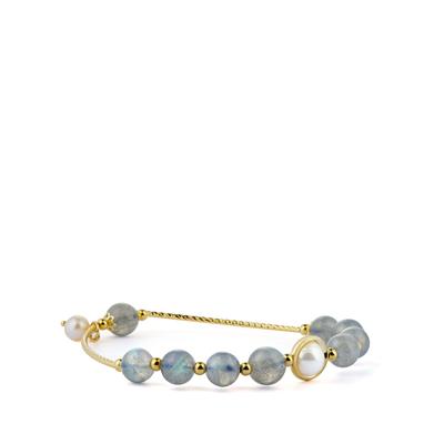 Labradorite Elastic Bracelet with Kaori Cultured Pearl in Gold Tone Sterling Silver