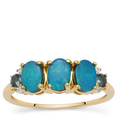 Crystal Opal on Ironstone, Australian Blue Sapphire Ring with White Zircon in 9K Gold 