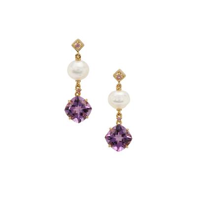 South Sea Cultured Pearl, Bahia Amethyst Earrings with Pink Sapphire in 9K Gold (9mm)