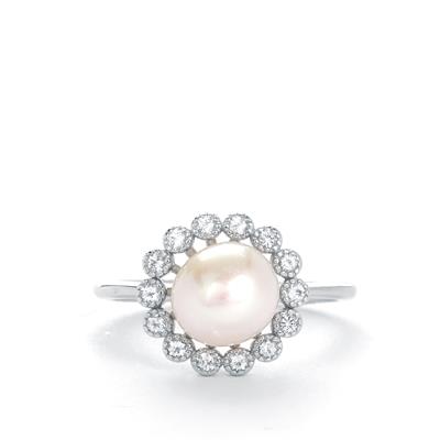 Freshwater Cultured Pearl Ring with White Topaz in Sterling Silver (8mm)