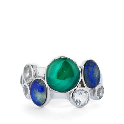Lapis Lazuli, Malachite Ring with White Topaz in Sterling Silver 6.50cts