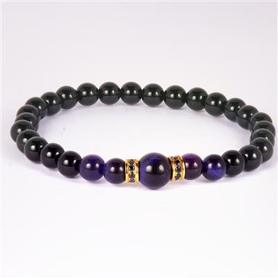 Black Agate, Purple Tiger's Eye Stretchable Bracelet with Black Spinel in Gold Tone Sterling Silver 52cts