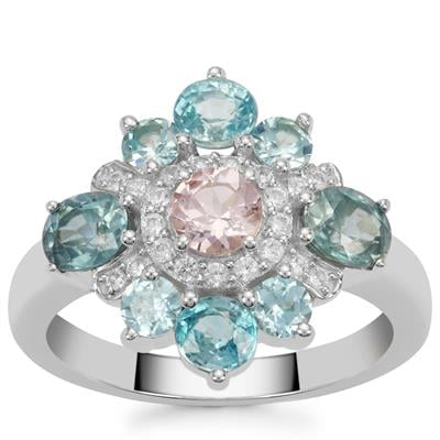 Pink Spinel, Ratanakiri Blue Zircon Ring with White Zircon in Sterling Silver 3.10cts