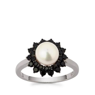 Freshwater Cultured Pearl Ring with Black Spinel in Sterling Silver