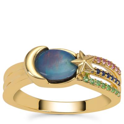 Crystal Opal on Ironstone, Pink, Blue Sapphire Ring with Tsavorite Garnet in 9K Gold