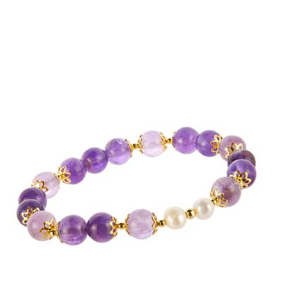 Amethyst Stretchable Bracelet with Freshwater Cultured Pearl in Gold Tone Sterling Silver