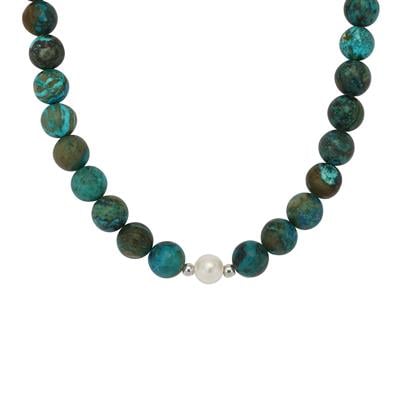 Chrysocolla Necklace with Freshwater Cultured Pearl in Sterling Silver (6x7mm)
