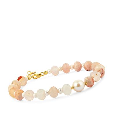 Sakura Agate Bracelet with Freshwater Cultured Pearl in Gold Tone Sterling Silver
