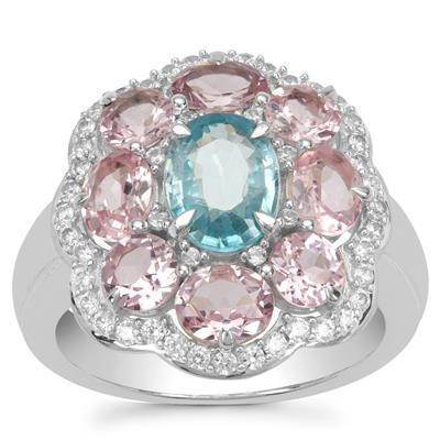 Ratanakiri Blue Zircon, White Zircon Ring with Pink Spinel in Sterling Silver 4.85cts
