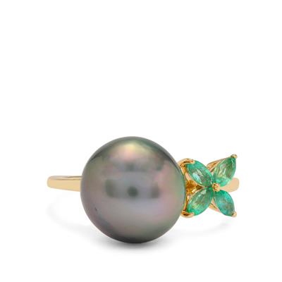 Tahitian Cultured Pearl Ring with Zambian Emerald in 9K Gold (11mm)