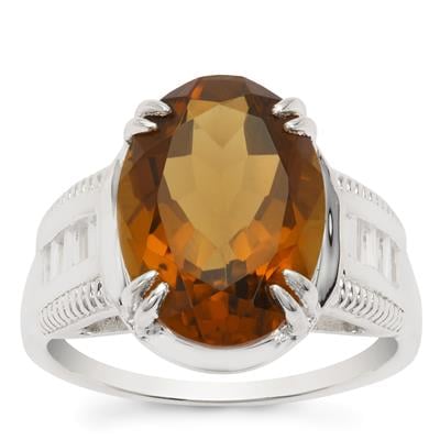 Cognac Quartz Ring with White Zircon in Sterling Silver 6.20cts
