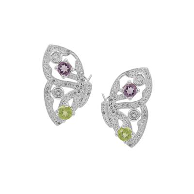 Rose De France Amethyst, Red Dragon Peridot Earrings with White Topaz in Sterling Silver 2.15cts