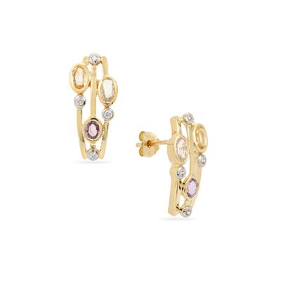 Natural Multi-Colour Sapphire Earrings with White Zircon in 9K Gold 1.75cts