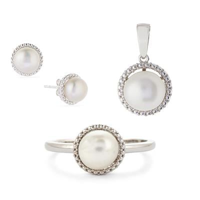 Freshwater Cultured Pearl Earrings, Pendant, Ring in Sterling Silver