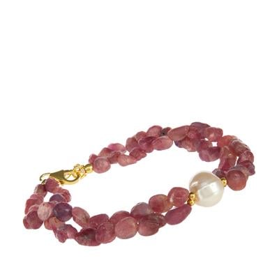 Pink Tourmaline Bracelet with Freshwater Cultured Pearl in Gold Flash Sterling Silver 