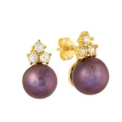 Rare Edition: Peacock Purple Freshwater Cultured Pearl Earrings With Zircon Trio (1 Pair) (10mm)
