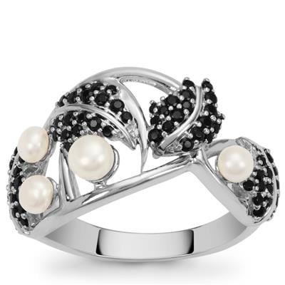 Black Spinel Ring with White Pearl in Sterling Silver