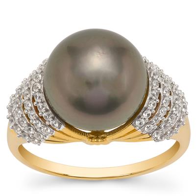 Tahitian Cultured Pearl Ring with White Zircon in 9K Gold (11 MM)