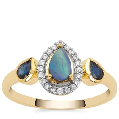 Crystal Opal on Ironstone, Australian Blue Sapphire Ring with White Zircon in 9K Gold