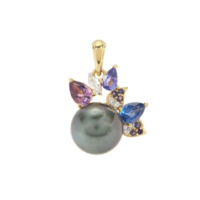 Tahitian Cultured Pearl Pendant with Multi-Gemstone in Gold Plated Sterling Silver (12 MM)