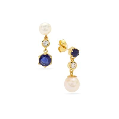 Madagascan Blue Sapphire, White Zircon Earrings with Kaori Cultured Pearl in Gold Plated Sterling Silver (6 to 8mm)