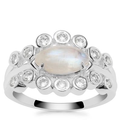 Rainbow Moonstone Ring with White Zircon in Sterling Silver 2.05cts