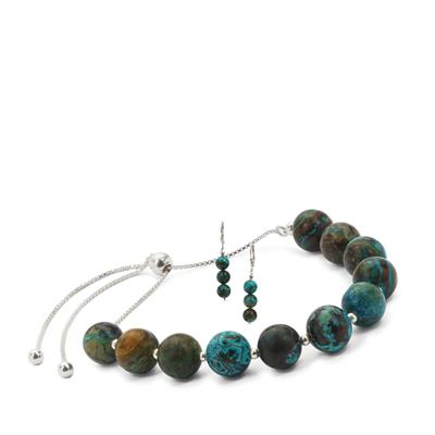 Chrysocolla Set Of Earrings and Slider Bracelet in Sterling Silver 72cts