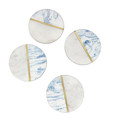 Coasters Brass Inlay and Blue resin White Marble, Set of 4 