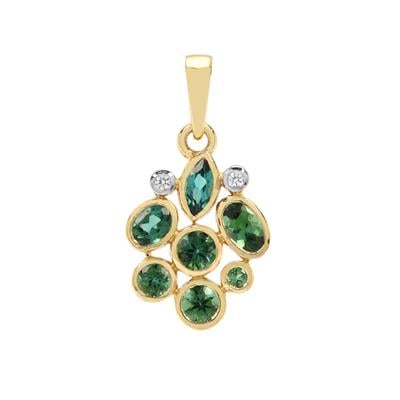 Blue Green Tourmaline Pendant with White Zircon in 9K Gold 1ct