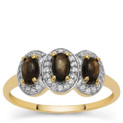 Black Star Sapphire Ring with White Zircon in 9K Gold 1.20cts