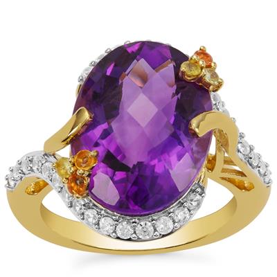 Zambian Amethyst, Multi-Colour Sapphire Ring with White Zircon in Gold Plated Sterling Silver 9.20cts