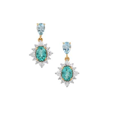 Santa Maria Aquamarine, Green Apatite Earrings with White Zircon in 9K Gold 3.45cts