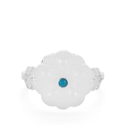Khotan Mutton Fat Jade, American Turquoise Ring with White Topaz in Sterling Silver 7.64cts