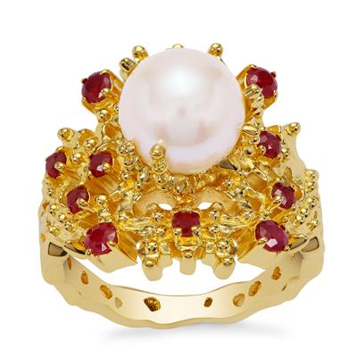 Freshwater Cultured Pearl Ring with Malagasy Ruby in Gold Plated Sterling Silver (9mm)