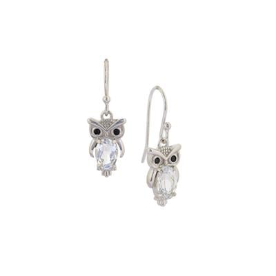 White Topaz Owl Earrings with Black Spinel in Sterling Silver 1.65cts