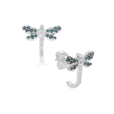 Blue, White Diamonds Dragonfly Earrings in Sterling Silver 0.37ct