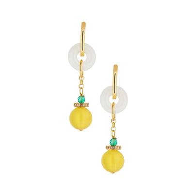 Amber, Mutton Fat Jade, Green Agate Earrings with White Topaz in Gold Tone Sterling Silver 14.50cts